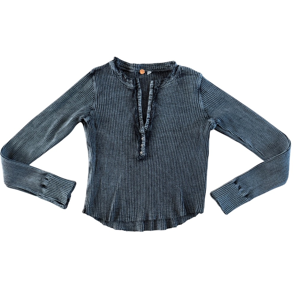 Free People FP ONE Thermal Henley Top Charcoal Grey Acid Wash Waffle Knit Small